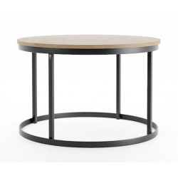 Kulatý nízký konferenční stolek do obývacího pokoje, kov + lamino, dub sonoma / černá, průměr 75 cm
