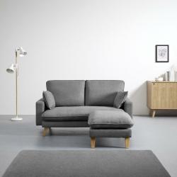 Úzká sedací souprava do L s lenoškou látková, dřevěné nohy, skandinávský styl, šedá, 154 cm