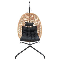 Ratanové závěsné houpací křeslo vajíčko se stojanem Strakoš ČR venkovní + vnitřní, béžová / černá