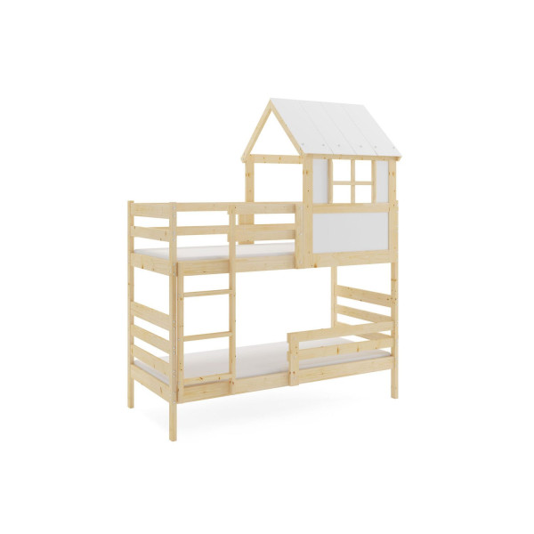 Dětská patrová domečková postel 90x190 cm komplet s roštem a matrací, borovice masiv
