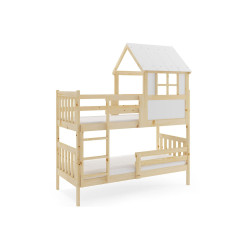 Dětská patrová domečková postel 90x190 cm hnědá / bílá, komplet s roštem a matrací