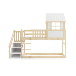 Dětská dřevěná postel kompletní s roštem a matrací 90x200 cm s domečkem a schůdky