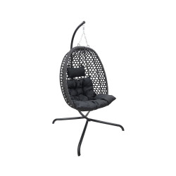 Levné závěsné ratanové houpací křeslo se stojanem na zahradu / balkon / terasu, černé