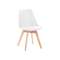 Plastová židle s koženkovým sedákem a dřevěnými nohami, skandinávský styl, bílá / hnědá