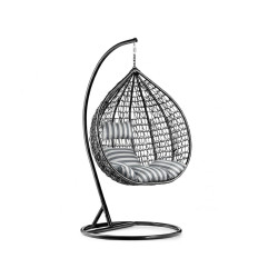 Závěsné ratanové křeslo vajíčko se stojanem do bytu / na zahradu, černé + šedobílý polstr