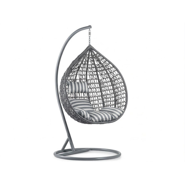 Levné závěsné houpací křeslo se stojanem venkovní + vnitřní, šedá + šedobílý polstr