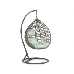 Levné závěsné ratanové houpací křeslo se stojanem šedé + zelený polstr s květinami