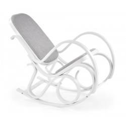 Designové dřevěné houpací křeslo s ozdobnými prvky a čalouněným sedákem, bílé