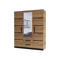 Šatní skříň multifunkční s policemi dřevěná dub zlatý / černá, otočné dveře + šuplíky, 153x202x40 cm