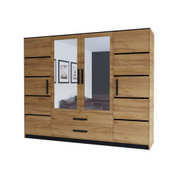 Velká široká skříň do pokoje dřevěná - dub zlatý / černá, otočné dveře + šuplíky, 201x202x40 cm