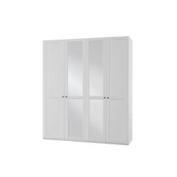 Bílá velká šatníková skříň do ložnice, zrcadla, knoflíkové úchytky, 180x234x58 cm
