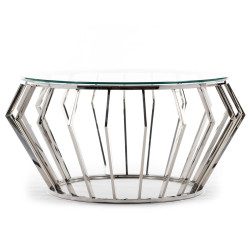 Luxusní designový kulatý odkládací stolek kov stříbrný chrom / čiré sklo, 93x93x45 cm