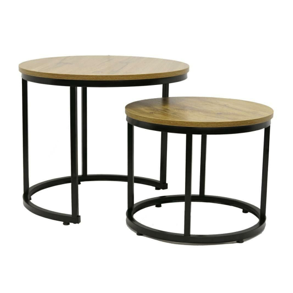 Sada 2 kulatých konferenčních stolků do obýváku kov + dřevo, hnědá / černá