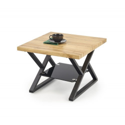 Moderní designový malý obývací stolek kov + dřevo + sklo, dub / černá, 60x60x45 cm