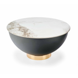 Designový konferenční stolek kulatý uříznutá koule s úl. prostorem mramor + antracit + zlatá, průměr 73 cm