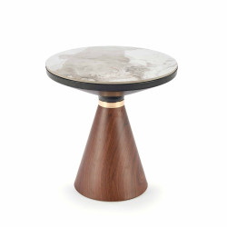 Designový kulatý konferenční stolek bílý mramor + ořech + zlatá, průměr 50 cm