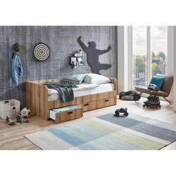 Dětská rozkládací postel (výsuvná), se šuplíky, dekor dřevo - hnědá / černá, šířka 90-180 cm