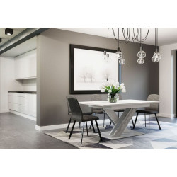 Moderní designový jídelní stůl do obýváku / jídelny, bílá + beton, 140-180 cm