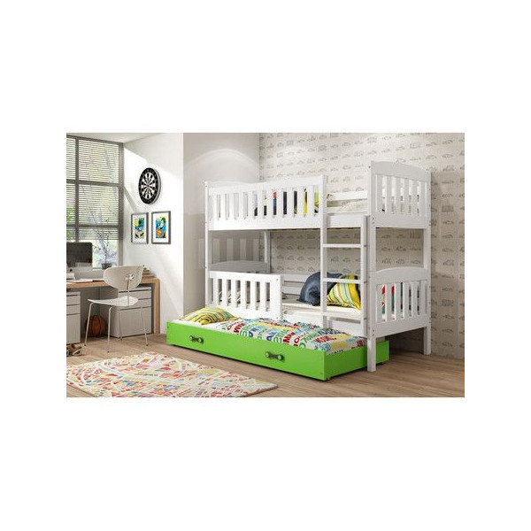 Dětská palanda s výsuvnou přistýlkou včetně matrací masivní dřevo bílá / zelená 90x200 cm